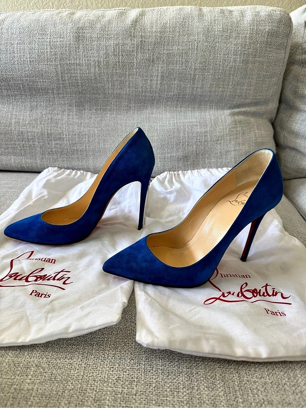 Christian Louboutin Pigalle Follies 100 Suede Pumps Blue & Red Heels EU 35.5 US